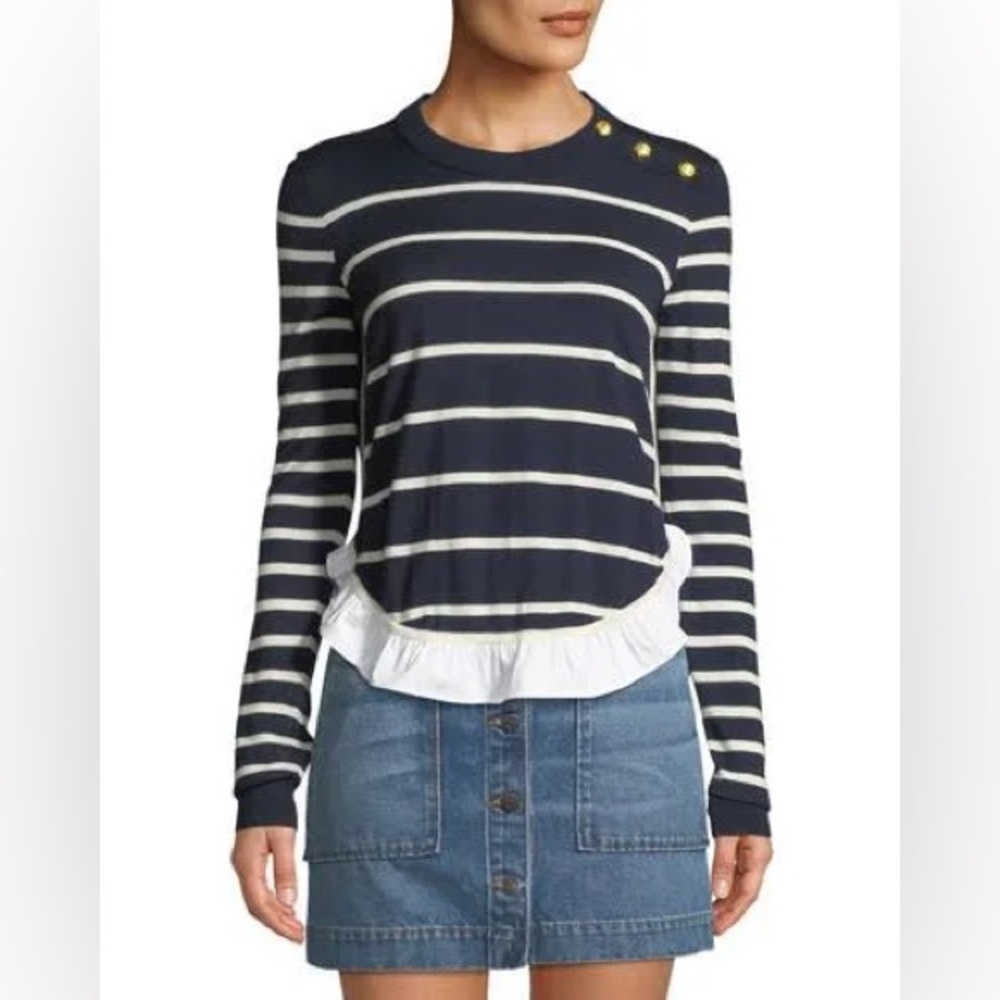 Veronica Beard‎ Merino Wool Ollie Nautical Stripe Ruffle Hem Sweater Navy White
